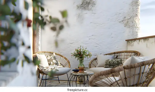 White Wall Patio With Rattan Chairs And Flowers