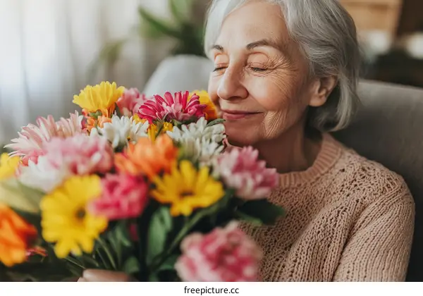 Elderly Woman Enjoying Colorful Flowers