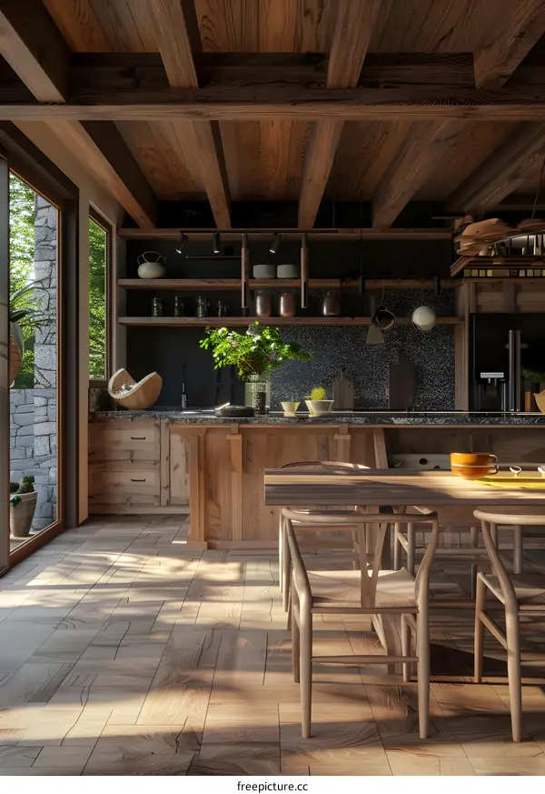 Modern Kitchen Interior Design With Wooden Beams And A Large Window