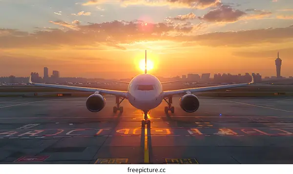 Airplane on Runway at Sunset