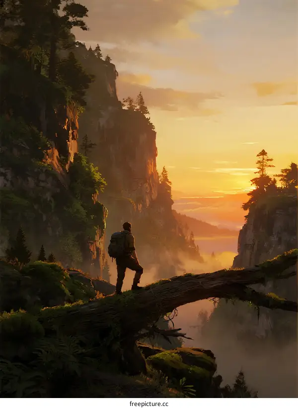 Hiker Standing on Fallen Tree Overlooking Misty Mountain Valley at Sunset