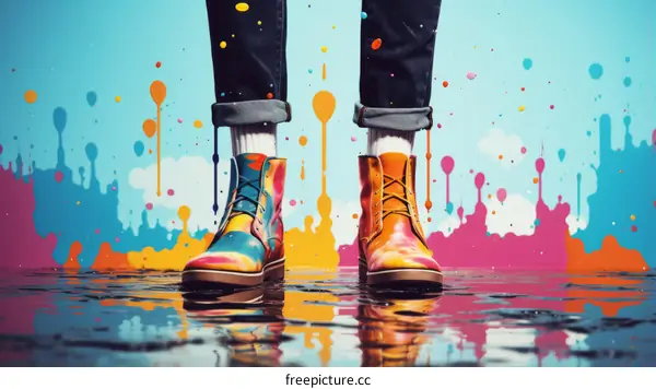 A Person Wearing Colorful Boots is Standing in a Puddle of Paint