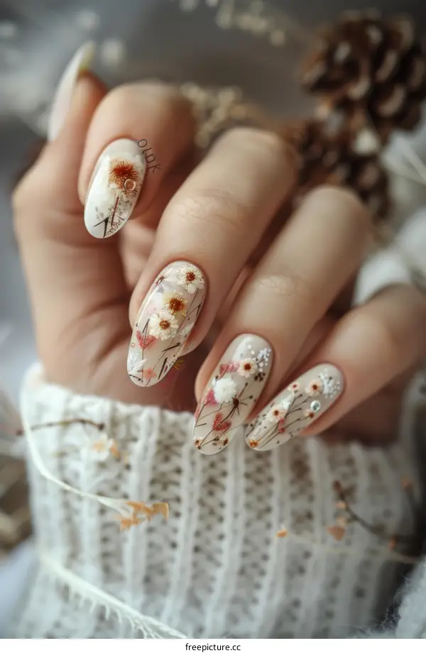 Dried flowers and clear acrylic nails with white sweater