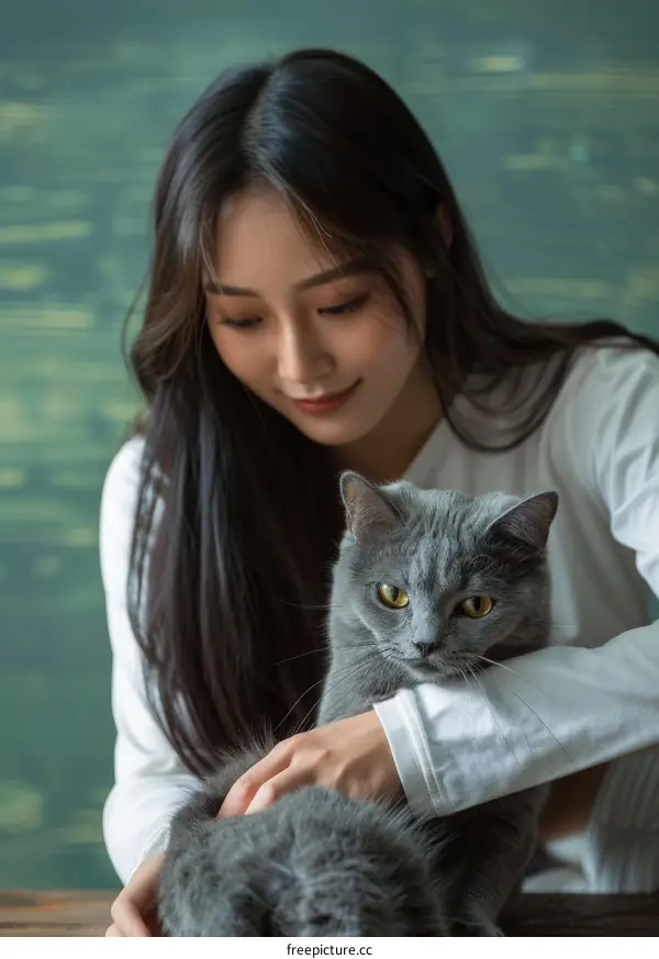 A young Asian woman is holding a gray cat