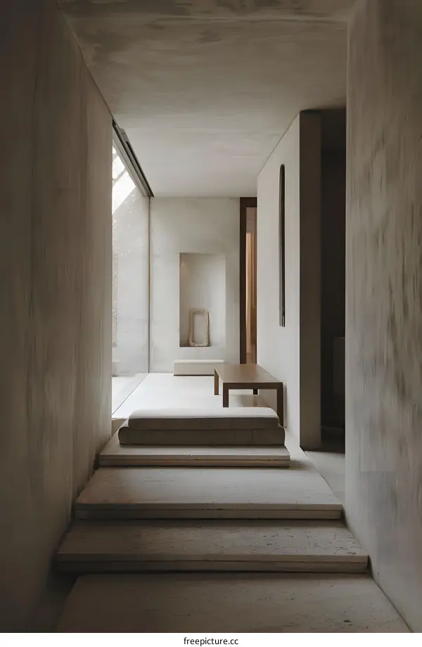 Minimalist Concrete Interior Design with Staircase and Cushions