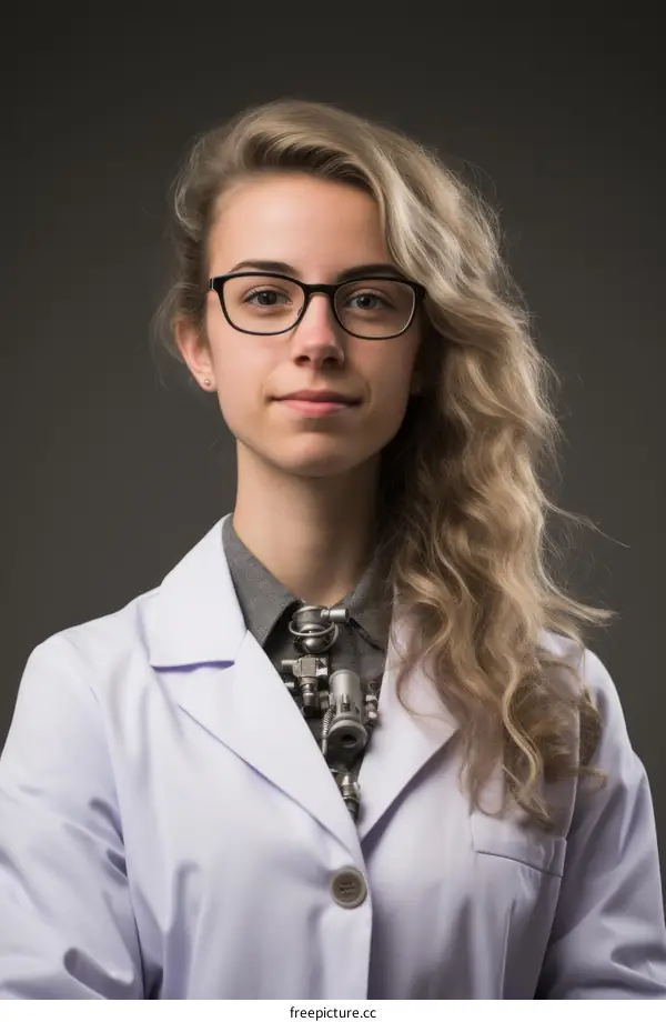 Portrait of a young female scientist wearing a lab coat and eyeglasses