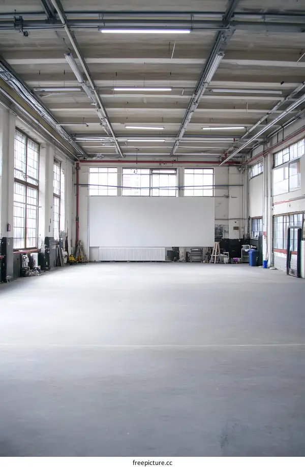 Large Empty Warehouse with White Wall and Windows