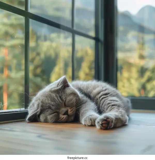 Adorable Gray Cat Napping by the Window