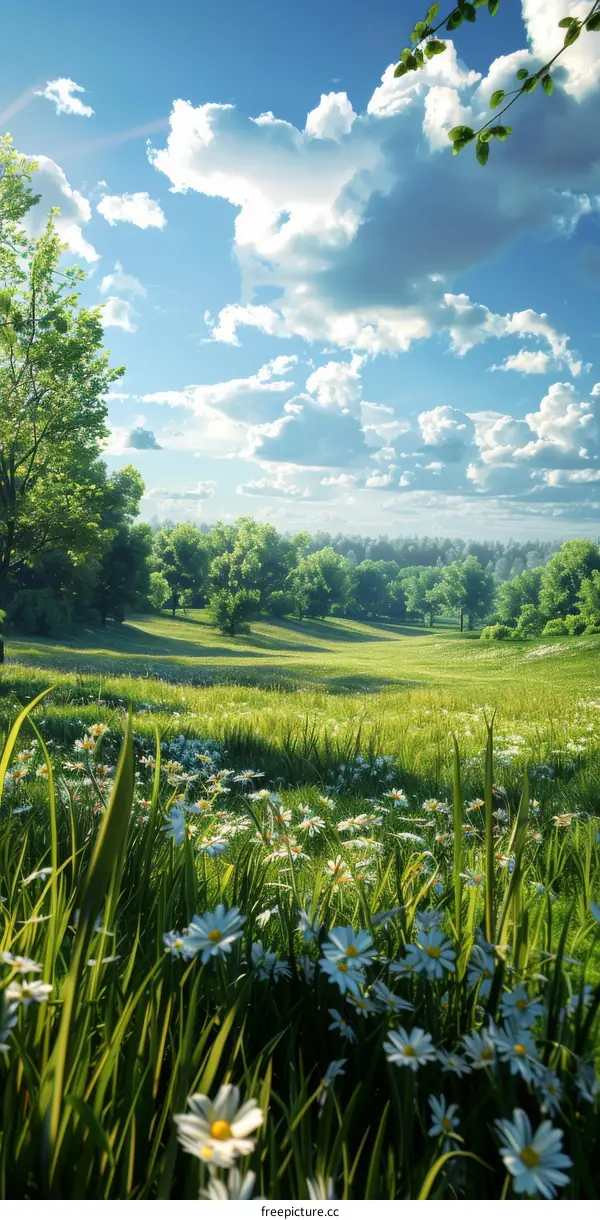 Field of Daisies under a Blue Sky with White Clouds