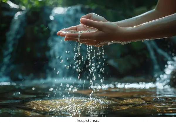 Woman washing her hands in the river