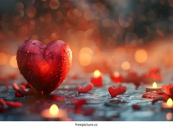 Red heart and red heart-shaped petals on a wet surface with blurred bokeh lights in the background