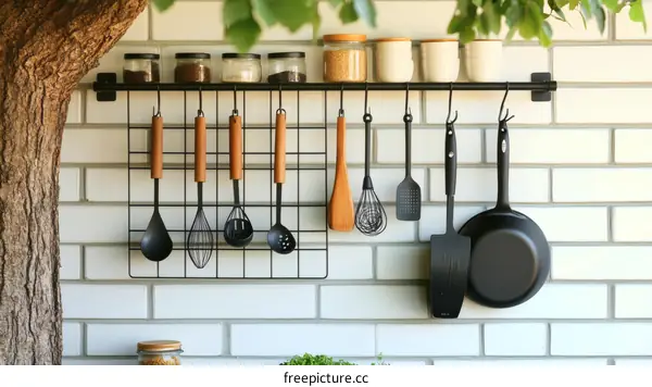 Wall-mounted Kitchen Utensil Rack with Jars