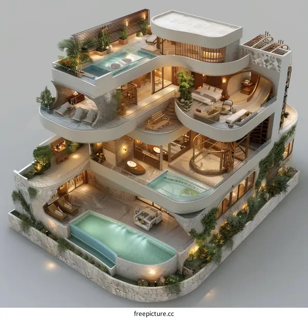 Three-story luxury villa with pools