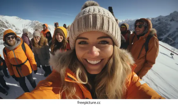 A group of friends on a skiing trip take a selfie together at the top of a mountain.