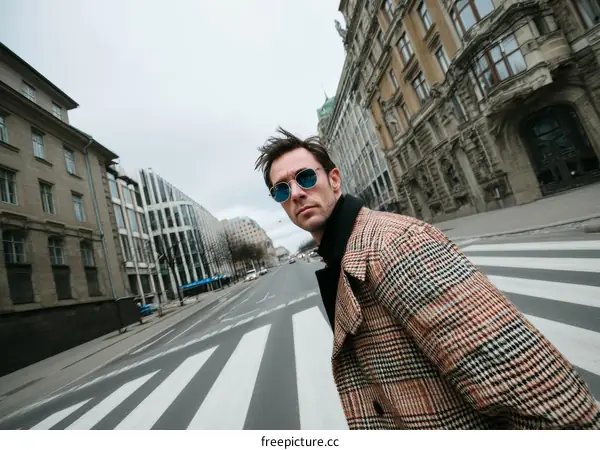 Stylish Man in a Plaid Coat on a City Street