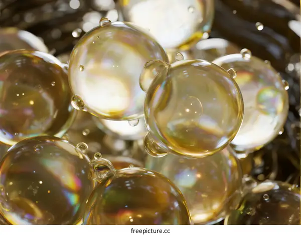 Close-up view of transparent soap bubbles with colorful reflections