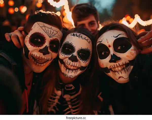 Three people wearing skeleton face paint.