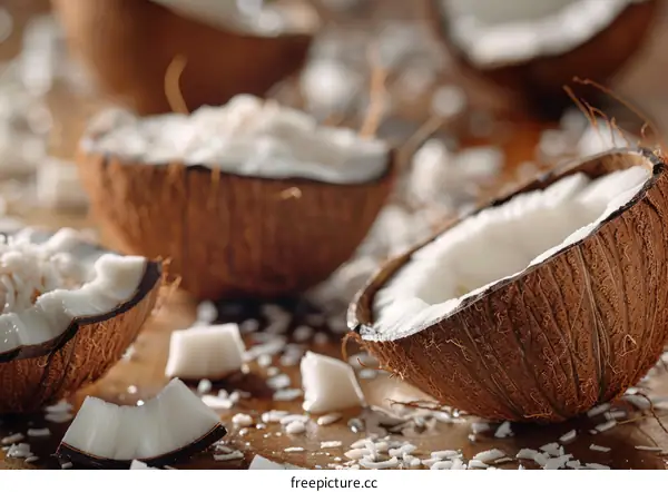 Coconut halves and pieces on a wooden kitchen counter
