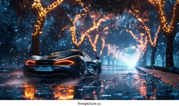 McLaren Sports Car in a Snowy Forest at Night