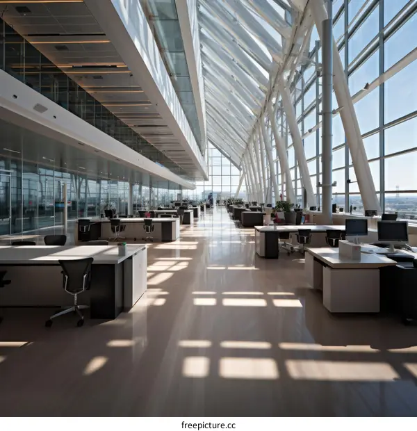 An empty modern office space with large windows and a high ceiling