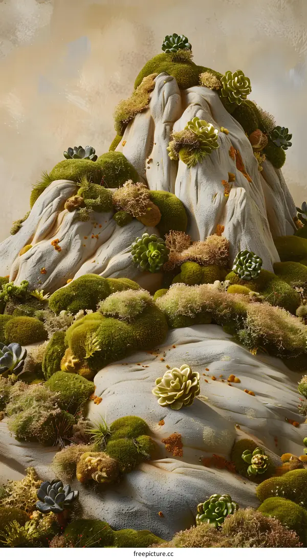 Green Moss And Succulents On Rock Mountain