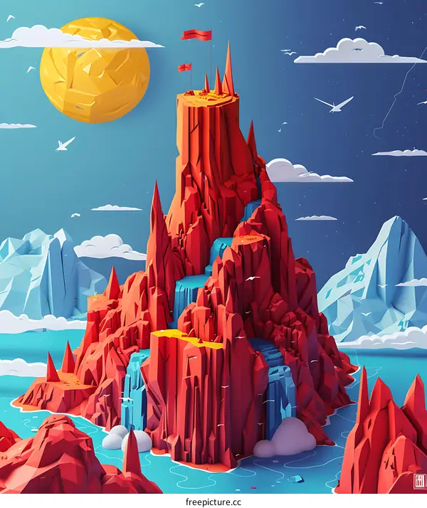 Abstract Low Poly Mountain Landscape With Waterfalls
