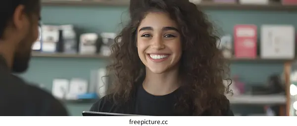 Smiling Young Woman with Curly Hair Looking at Camera