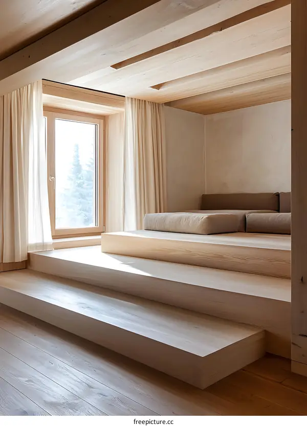 Wooden Platform with Steps and Window in a Modern Home