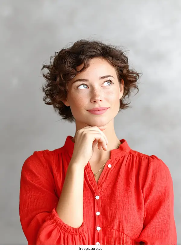 Thoughtful Woman in Red Blouse Against Gray Background