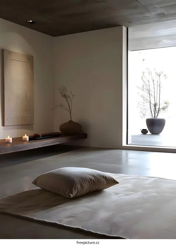 Minimalist Interior Design With Wooden Shelf And Pillows On Floor