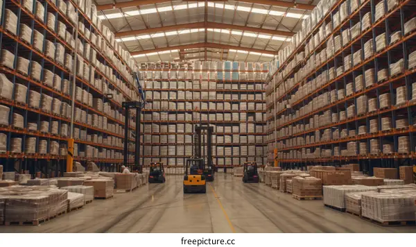 A large warehouse with forklifts