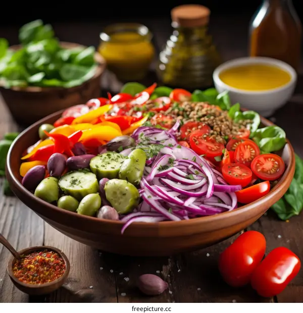 Colorful Mediterranean salad with fresh vegetables and herbs