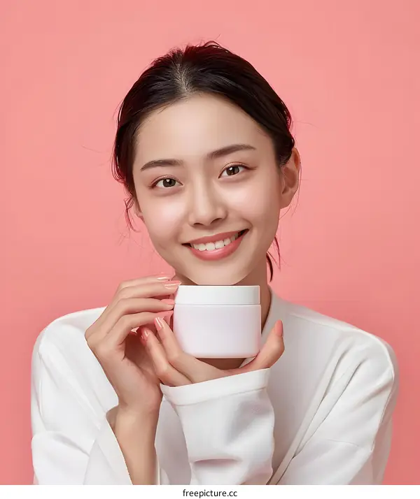 Asian Woman Holding a White Cream Jar with a Pink Background