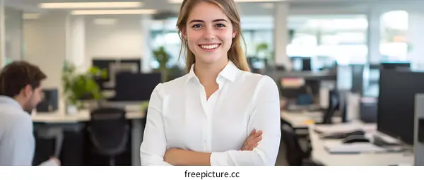 Smiling Woman In White Shirt With Arms Crossed In Office