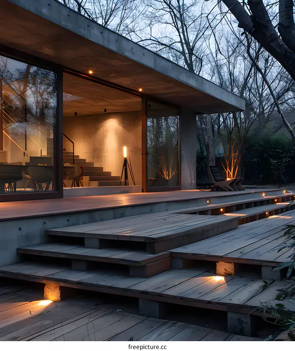 Modern Concrete House with Wooden Deck and Stairs