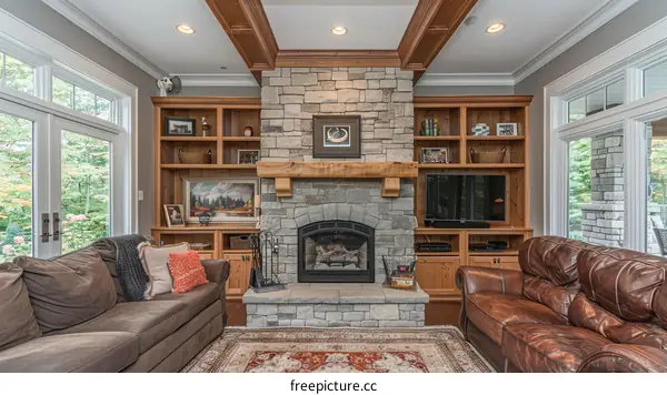 A cozy living room with a fireplace and a TV