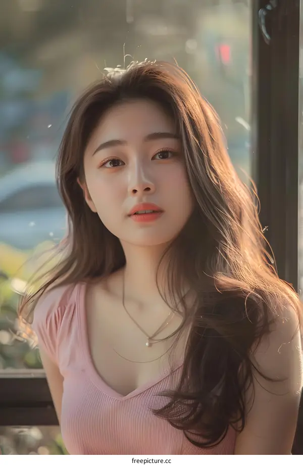 Portrait of Asian Woman With Long Brown Hair and Pink Shirt