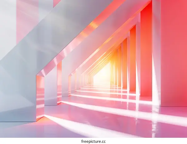 Pink and white geometric shapes form a futuristic tunnel
