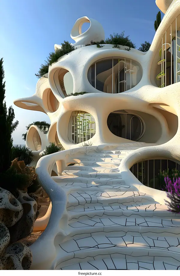 Modern Architectural Design With White Building and Green Plants