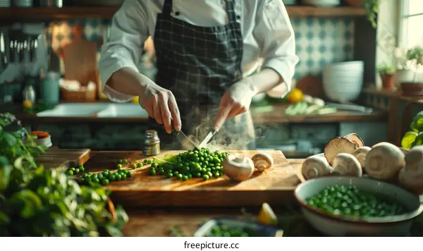 Chef Preparing Fresh Peas and Mushrooms in a Kitchen