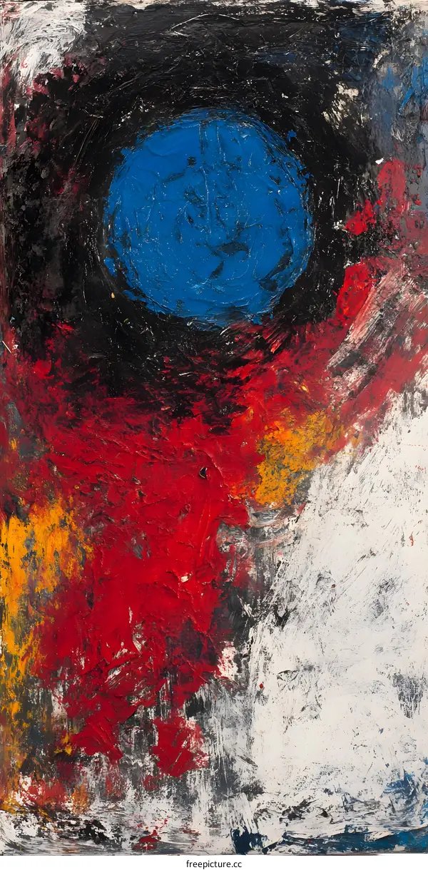 Abstract Oil Painting with Blue Circle and Red and White Background