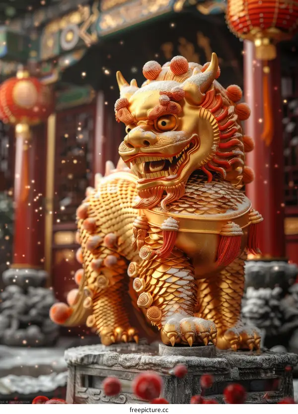 A golden lion statue stands guard in front of a red wall.