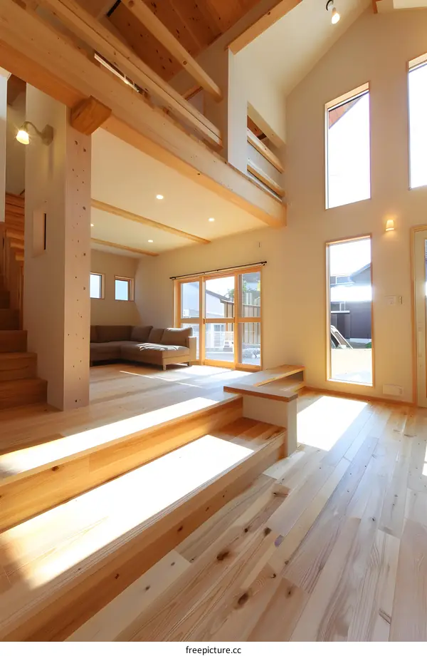 Modern Wooden Floor Interior Design With Stairs And Natural Sunlight