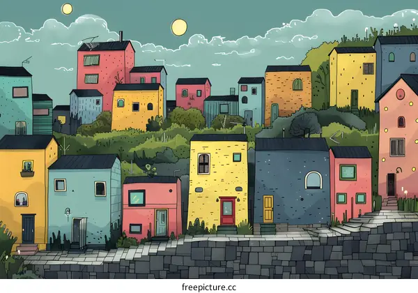 Colorful Houses on a Hill with a Night Sky