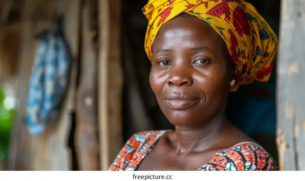 Portrait of a smiling African woman wearing a traditional headscarf