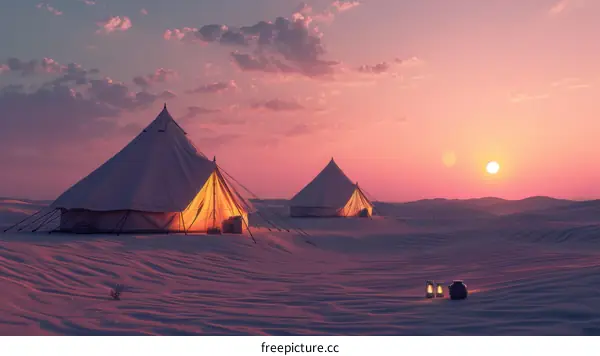 Desert camping under the setting sun