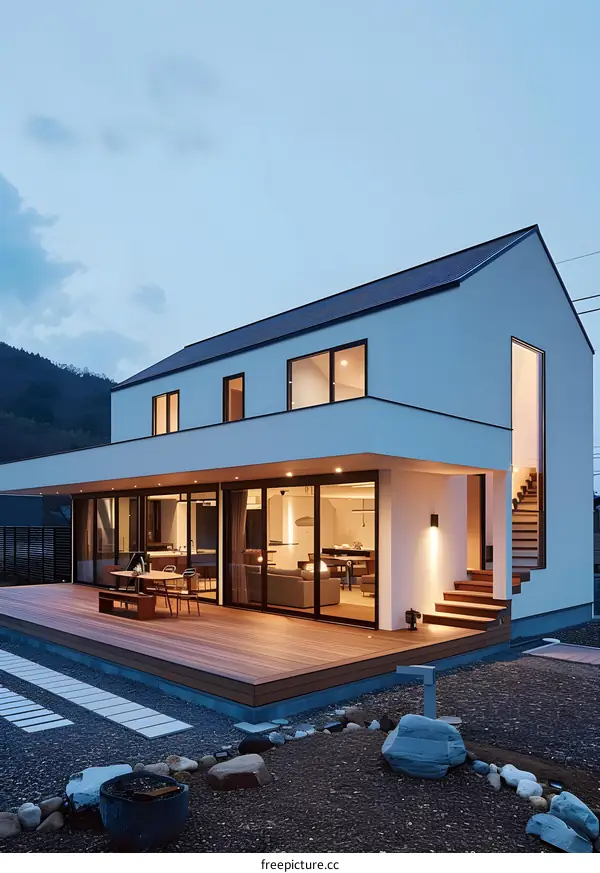 Modern White House with Wooden Deck and Gravel Garden