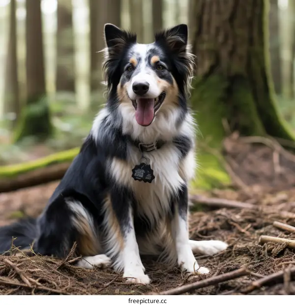 A happy Border Collie dog sits in the woods