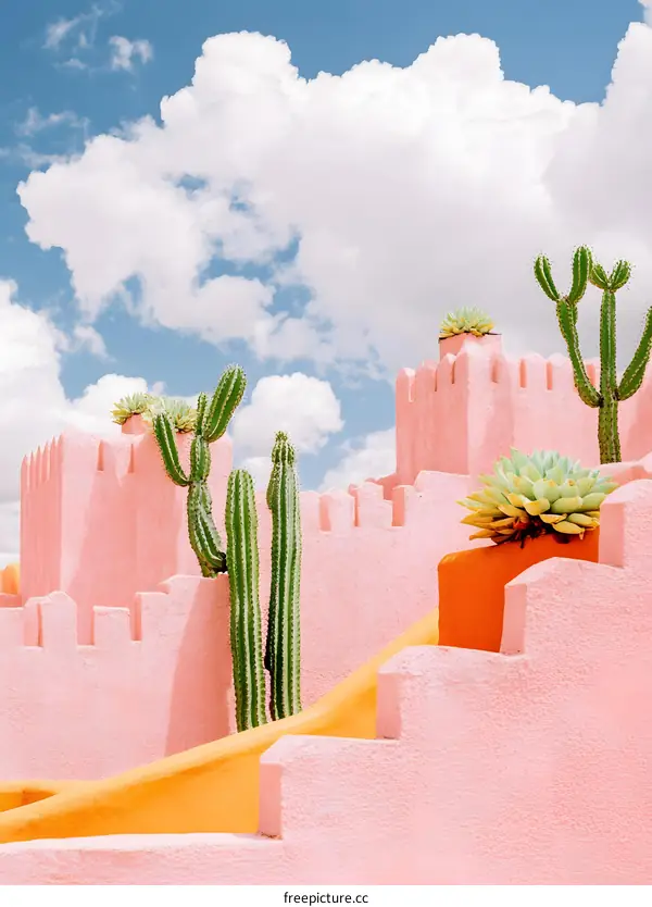 Pink Desert Minimalist Architecture With Cacti
