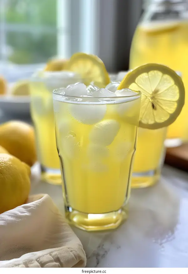 Refreshing Lemonade with Ice Cubes and Lemon Slices